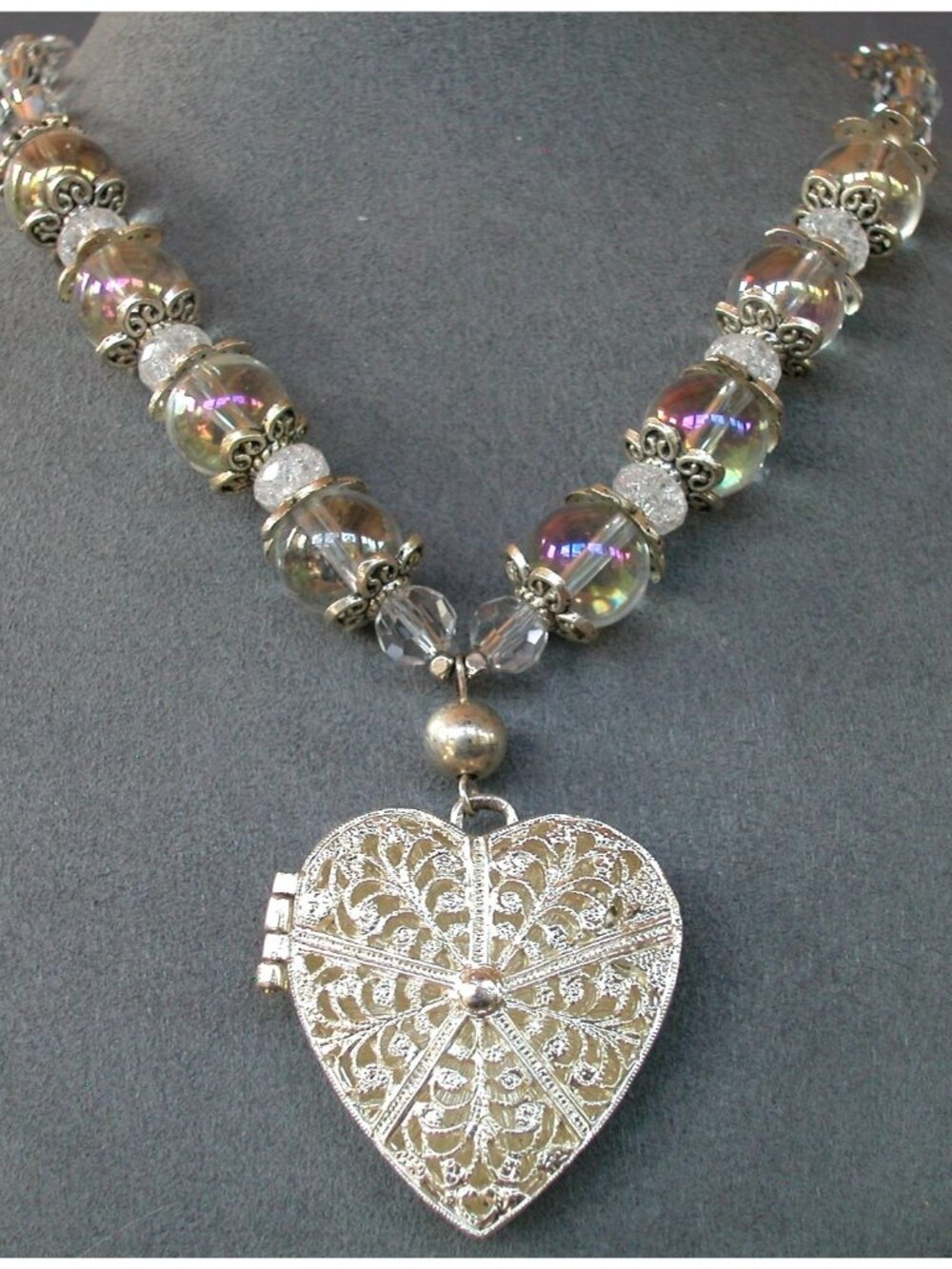 Silver  Tone Heart Locket with "Aurora Borealis" (AB)